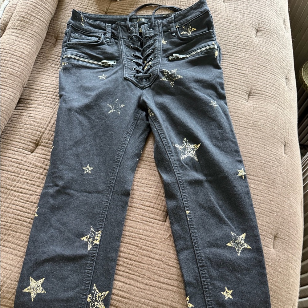 AFRM Black Jeans with Gold Star Print and Lace-Up Front